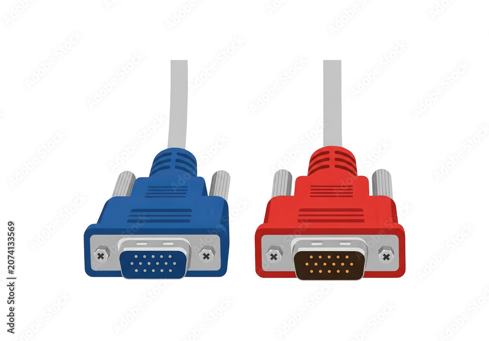 Fototapeta premium Two VGA computer cables, blue and red