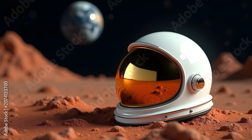 A white astronaut helmet sits on the surface of a red planet