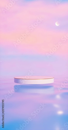 Natural beauty 3d podium on water with dreamy sky for cosmetic product display. 4k seamless loop animation.