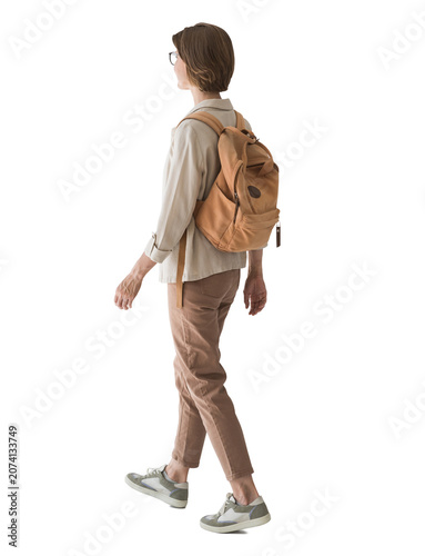 Full length portrait of a young woman walking isolated transparent PNG, student girl full body photo PNG with transparent background precisely cut out with clipping path.