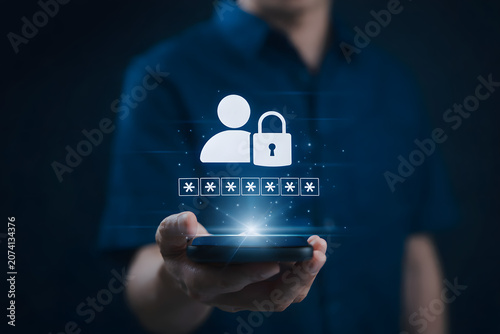 Password protection and user authentication concept. Hand holding smart phone with secure login password and padlock icon, representing cybersecurity, identity access management and data privacy.