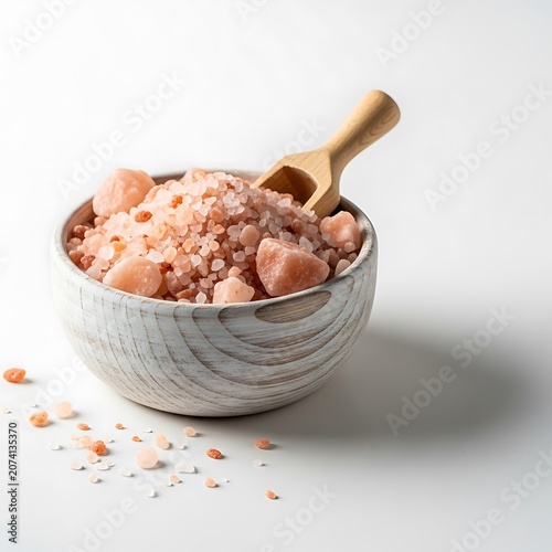 Pink Himalayan Salt in a Bowl with Wooden Scoop.