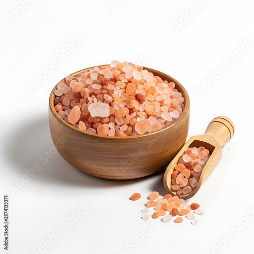 Pink Himalayan Salt in Wooden Bowl and Scoop.