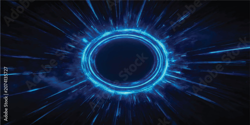 Foto Rectangular neon blue frame glowing in deep space with science fiction space tim