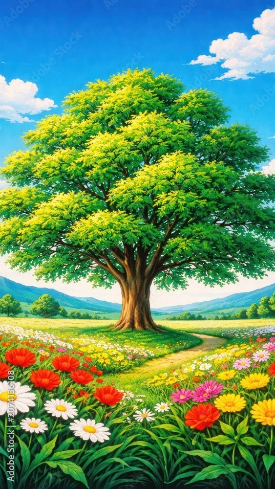 Fototapeta premium Vibrant tree amidst colorful flowers mobile wallpaper