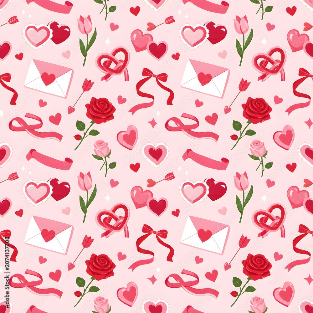 Romantic Valentine Day seamless pattern with pink hearts, love letters, red roses, and curly ribbons on a soft pink background for wedding and wrapping paper design