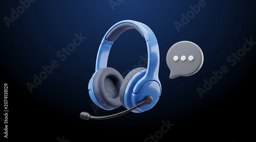 Blue headset with speech bubble 3D illustration for support and communication services