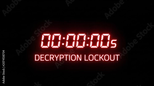 Red Digital Countdown Timer Showing Decryption Lockout System Failure Hacked Warning Message On Black Background