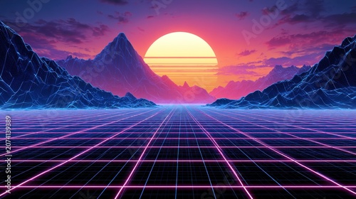 Retro futuristic landscape with mountains and grid
