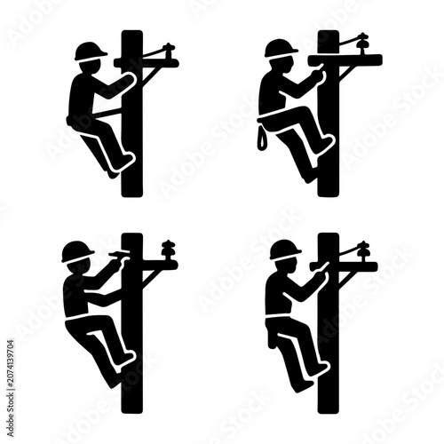 Lineman silhouette icon set, flat black glyph style