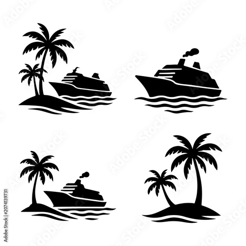 tropical cruise ship silhouette set – palm tree island ocean travel illustrations