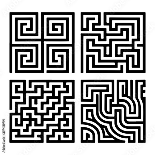Black white abstract maze vector art patterns collection graphic set