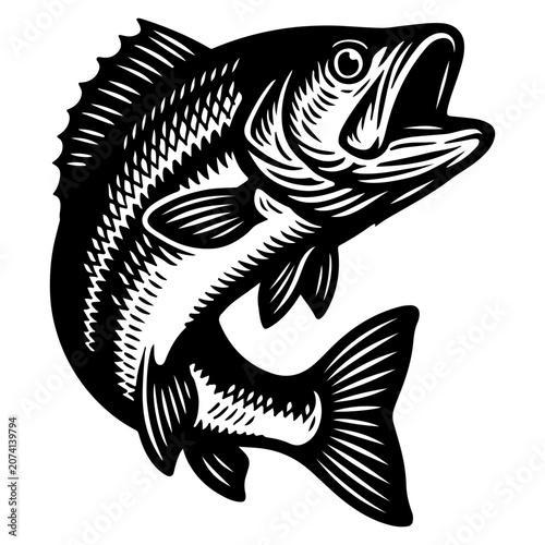 vintage jumping fish illustration set in bold black and white engraving style