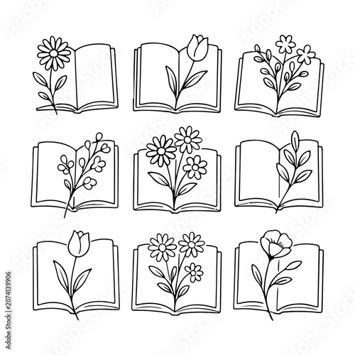 Cute book and flower illustration set with pastel open books and botanical spring reading clipart collection