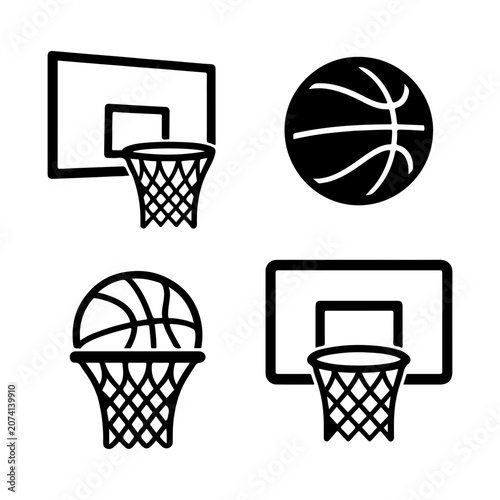 black vector various style Basketball hoop, basketball and goal, net, ring icon silhouettes set