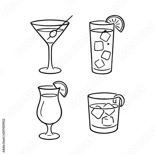 Minimal hand drawn cocktail glass sketch illustration set bar drinks vecto