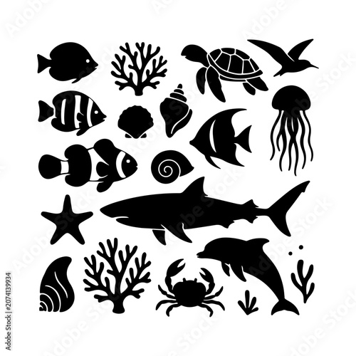Marine life silhouette collection featuring tropical fish seashells coral jellyfish and ocean animals vector illustration set