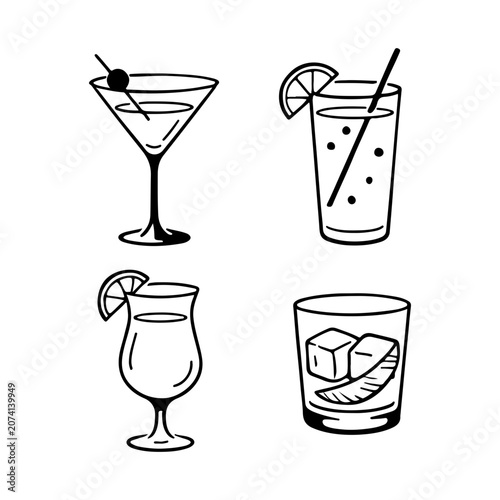 Minimal hand drawn cocktail glass sketch illustration set bar drinks vector