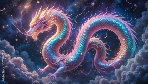 Glowing Celestial Serpentine Dragon with Iridescent Scales in a Magical Cosmic Night Sky