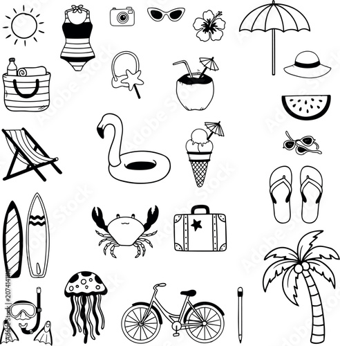 Cuadro en lienzo Collection of handdrawn summer vacation and beach elements on a white background