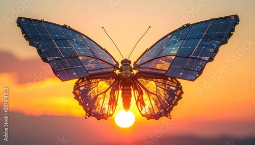 Butterfly in flight at sunset sky.
