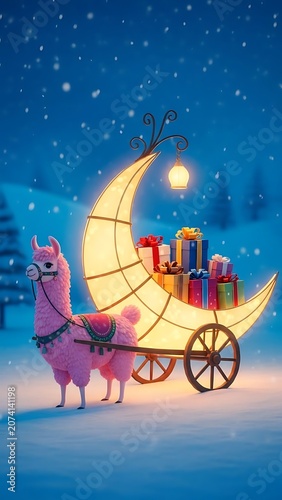 Pink Llama Pulls Moon Carriage Full of Gifts Through Snowy Night.