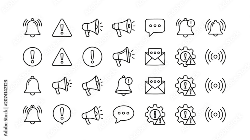 Fototapeta premium Minimal Notification and Alert Line Icons Set – Bell, Megaphone, Warning, Message, Email and System Status Symbols