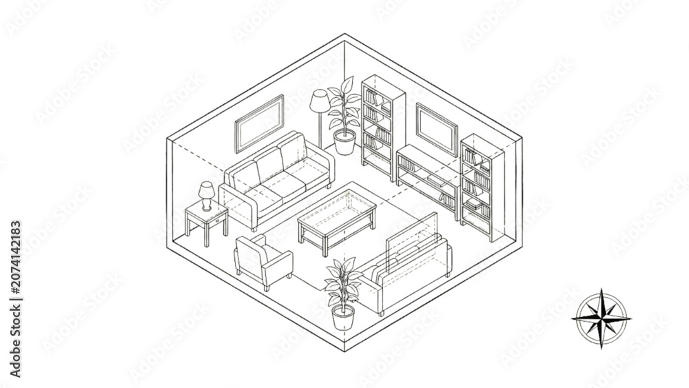 Fototapeta premium Modern Isometric Home Interior Scene – Living Room Furniture, Decorative Plants and Storage Shelves Illustration
