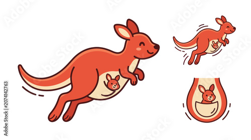Tableau sur toile Cartoon red kangaroo mother with joey in pouch.