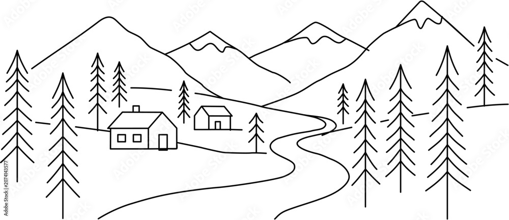 Fototapeta premium Minimal Mountain Cabin Landscape Line Art with Curved Road and Pine Forest Coloring PageDescription