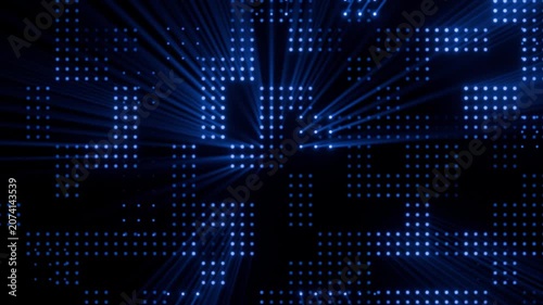 Blue Digital Grid with Radiating Light Beams - This video features an intricate, pixelated blue digital grid tha