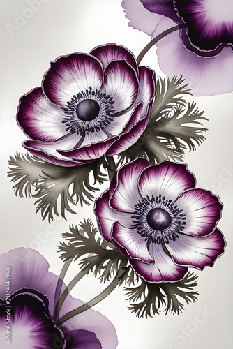 Purple Anemone Flowers Botanical Illustration
