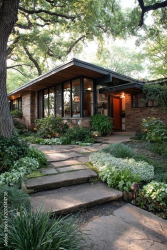 Home with garden in a sunny area surrounded by trees and plants, featuring a stone pathway leading to the entrance, capturing a quiet moment in the afternoon