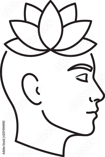 Minimalist line art illustration of a human head with a lotus flower