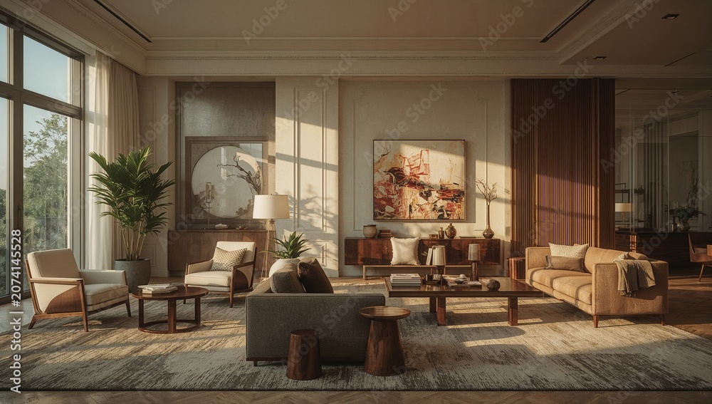 Fototapeta premium Luxurious Modern Living Room Interior With Warm Sunlight And Elegant Furniture.