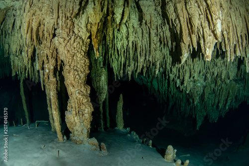 Photography Ancient Limestone Formations Inside Cenote Cave in Mexico