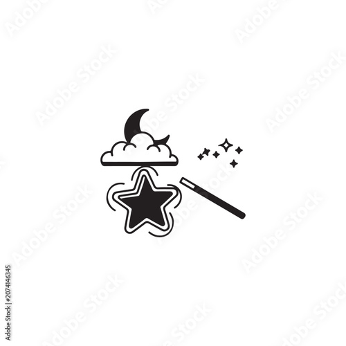 Magic wand creating a star under the moon and clouds with magic dust fairy tale black and white celestial childhood imagination creativity enchantment illusion supernatural illustration