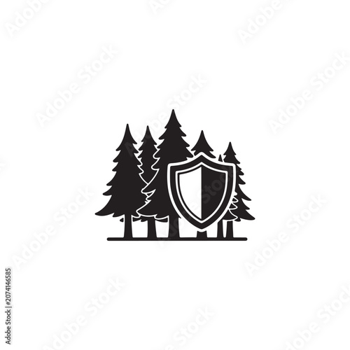 Forest protection symbol with shield black and white protection security conservation environment resistance illustration silhouette wildlife preserve maintain fortress vigilance
