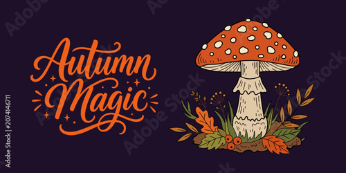 Cuadro en lienzo A mushroom against a backdrop of autumn foliage, with an inscription