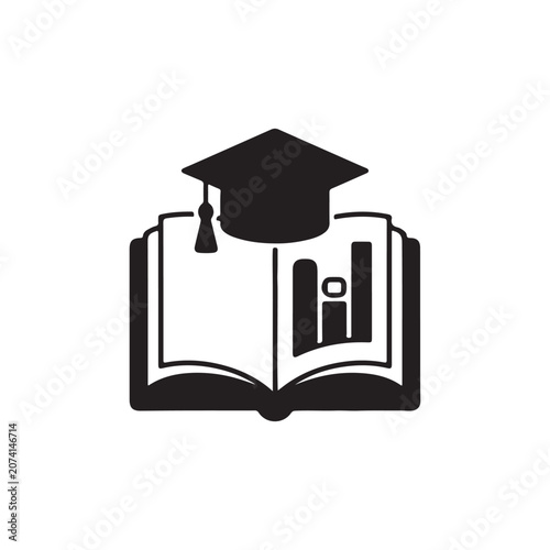 Open book with graduation cap and bar chart icon education graduation academic learning knowledge research university business achievement training scholarship illustration information