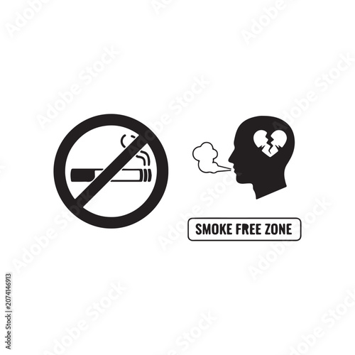 Smoke free zone warning sign with broken heart concept cigarette forbidden prohibited addiction wellness lifestyle illustration physical awareness campaign