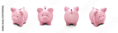 A collection of pink piggy savings, investment bank level from the front, side and back angles at a 45 degree angle isolated against a transparent background