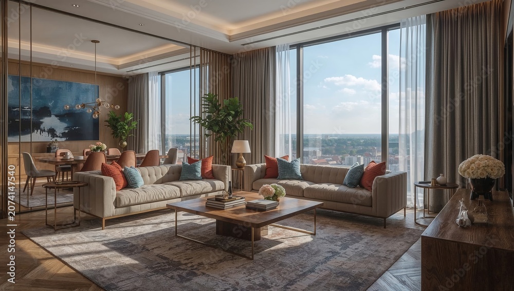 Fototapeta premium Modern Luxury Living Room Interior with Panoramic City View.