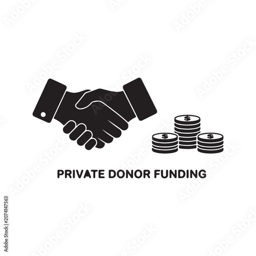 Private donor funding handshake icon with coin stacks handshake business investment partnership agreement currency donation philanthropy collaboration corporate minimalist dealmaking