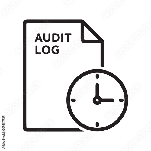 Audit log document and clock icon representing timely data compliance and verification with document compliance verification business monitoring tracking management analysis information