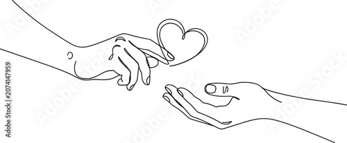 Continuous line drawing of two human hands exchanging heart shape symbol as sign of love and kindness