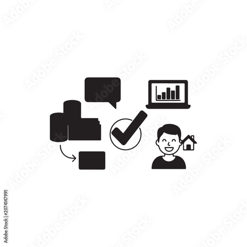 Remote work and data management concept with laptop user and task completion symbols management business completion analysis verified checkmark productivity communication technology computer