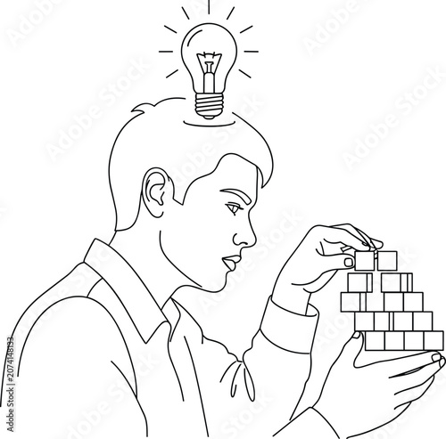 Man building tower with blocks lightbulb over head representing idea brainstorming and problem solving