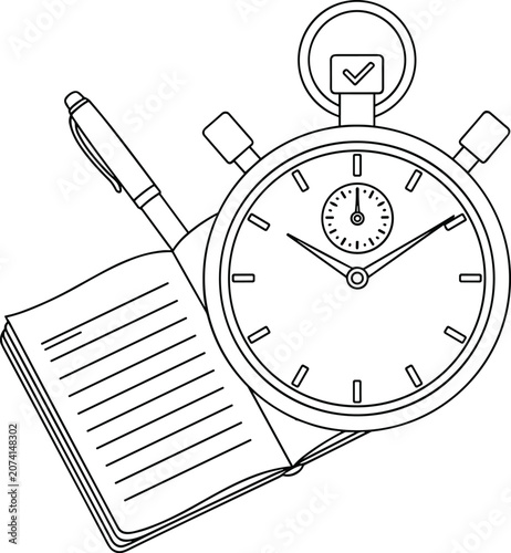 Stopwatch pen and notebook representing time management and productivity for professional planning