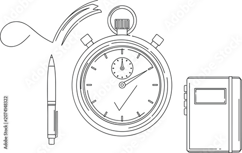 Stopwatch pen notebook and ribbon for time management productivity and planning in business